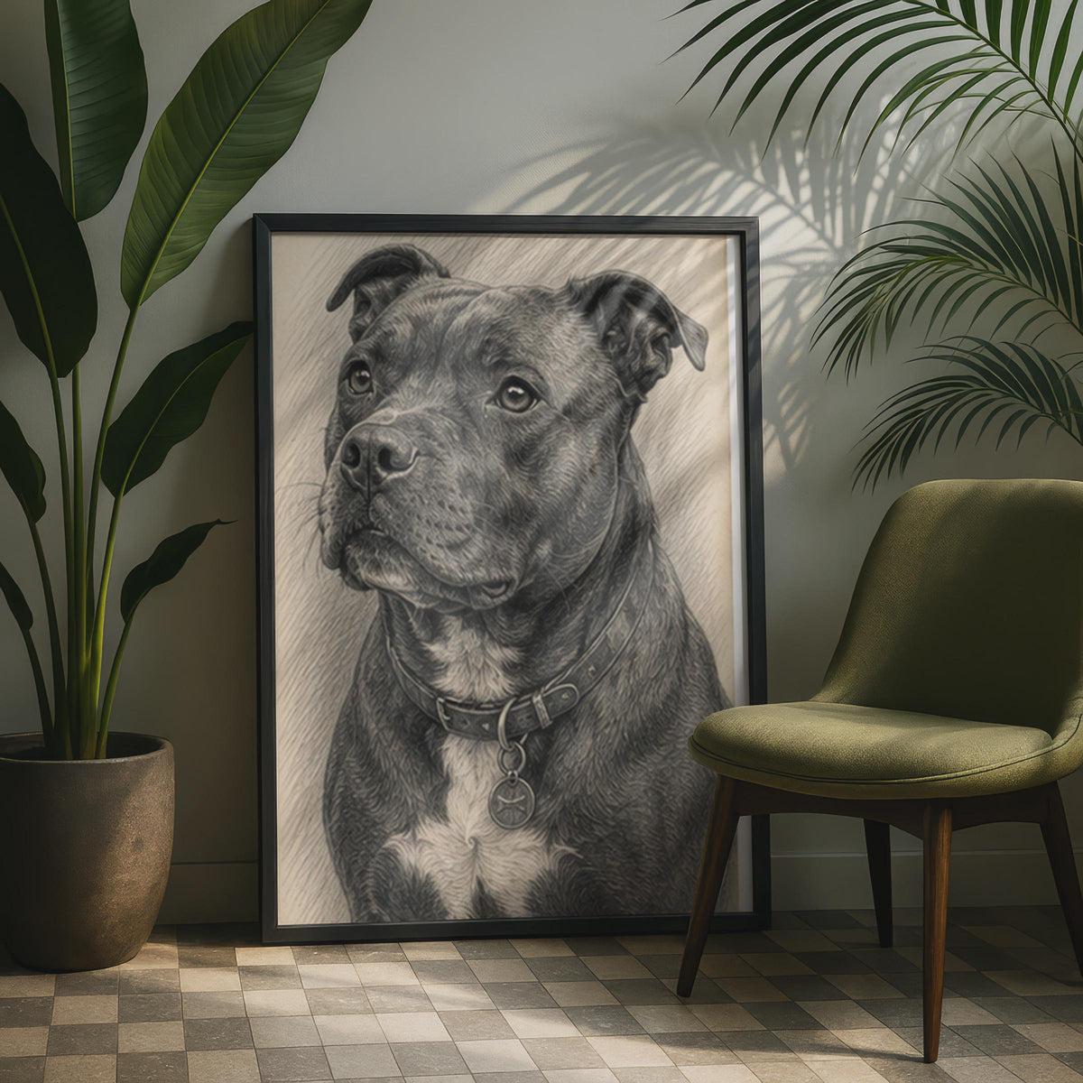 Staffordshire Bull Terrier Graphite Sketch Print, Black Grey Dog Portrait Print