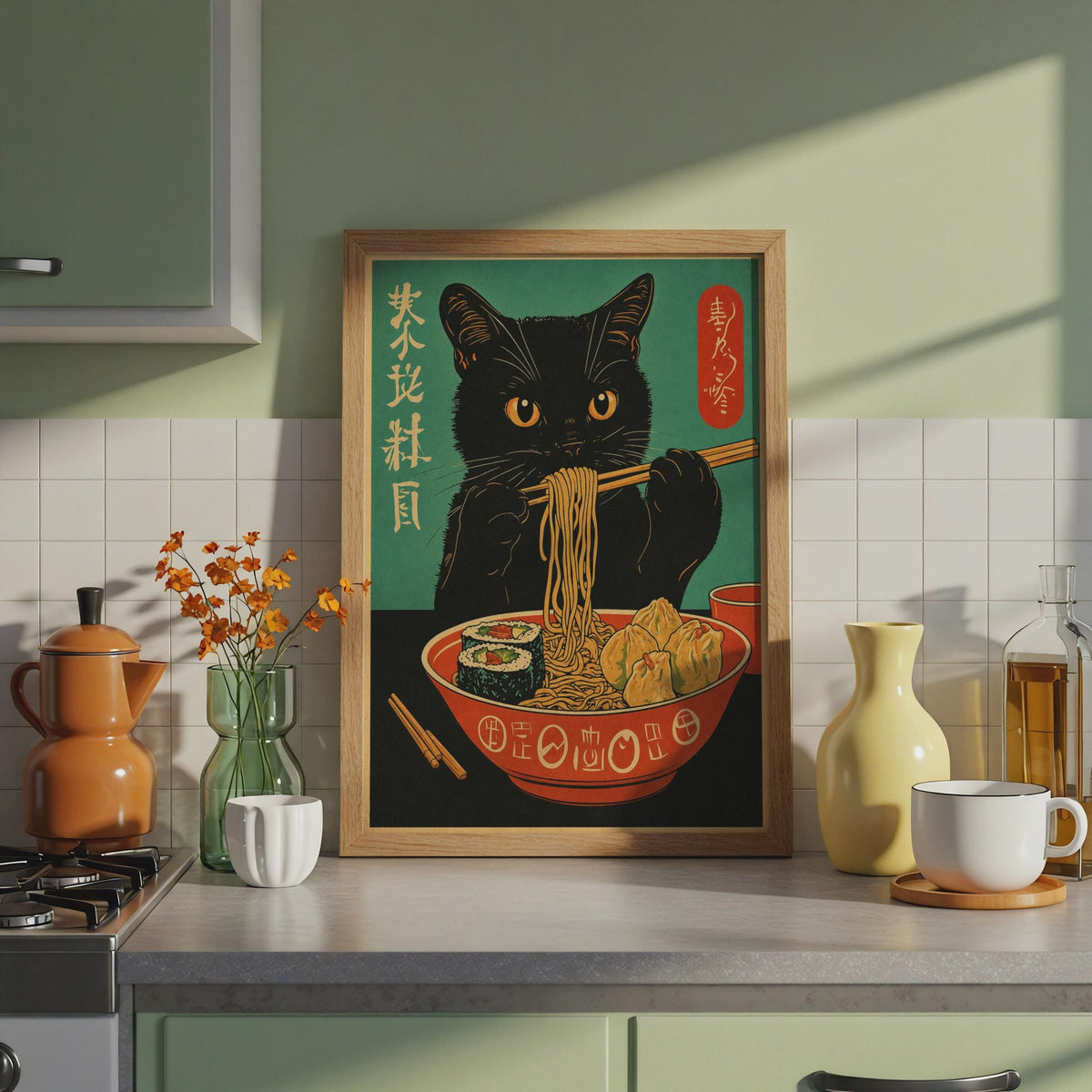 Retro Black Cat Ramen Poster, Japanese Noodle Bowl Art Print