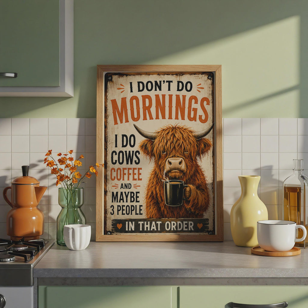 Grumpy Highland Cow Coffee Poster, Rustic Farmhouse Kitchen Decor  Print