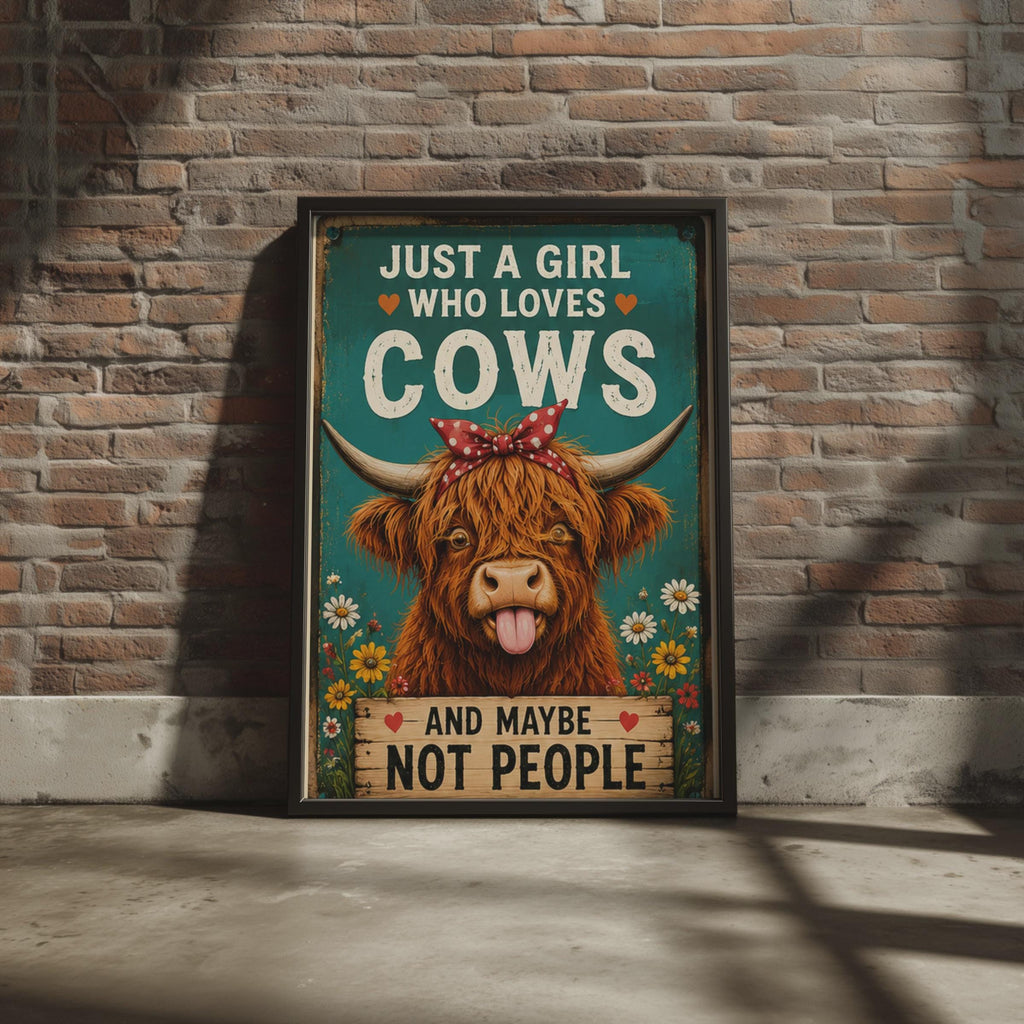 Funny Highland Cow Poster, Teal Floral Farm Animal Art, Retro Cow Print
