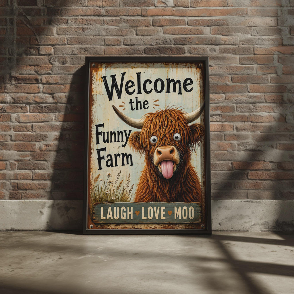 Funny Highland Cow Welcome Sign, Rustic Farmhouse Wall Art Print, Laugh Love Moo Poster