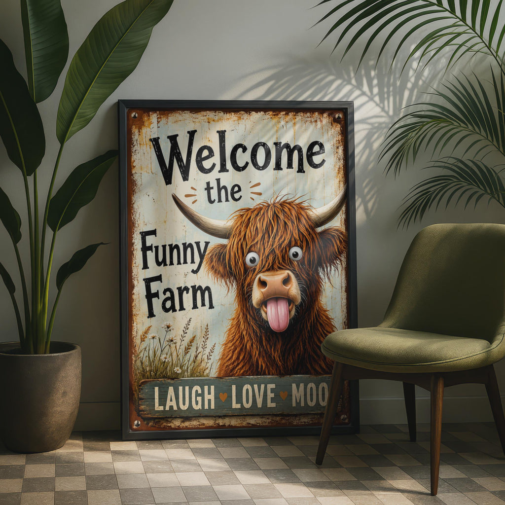 Funny Highland Cow Welcome Sign, Rustic Farmhouse Wall Art Print, Laugh Love Moo Poster