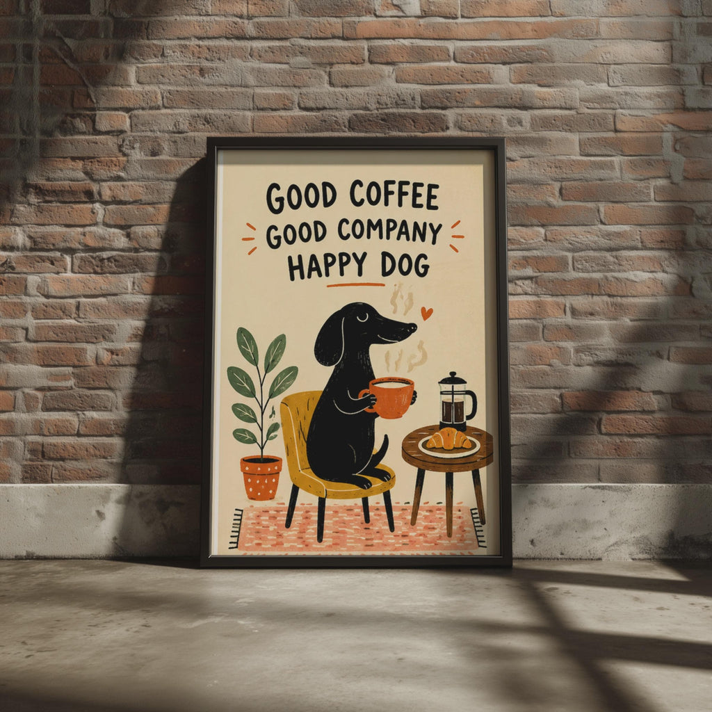 Happy Dachshund Coffee Print, Sausage Dog Wall Art, Kitchen Cafe Decor Print