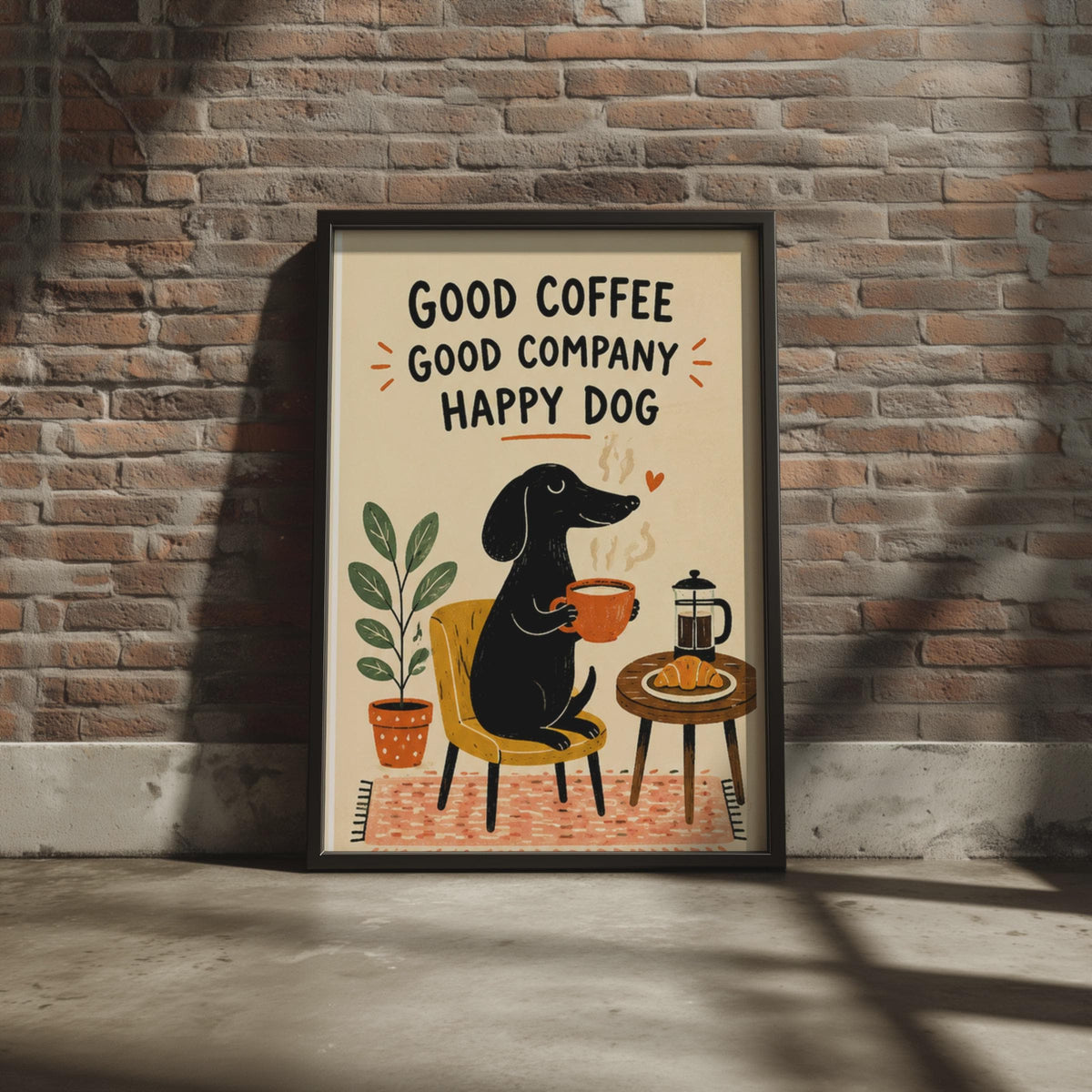 Happy Dachshund Coffee Print, Sausage Dog Wall Art, Kitchen Cafe Decor Print