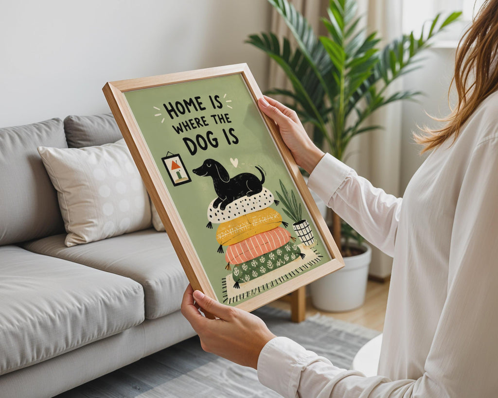 Dachshund Wall Art Print, Home Where The Dog Is, Retro Illustrated Dog Poster