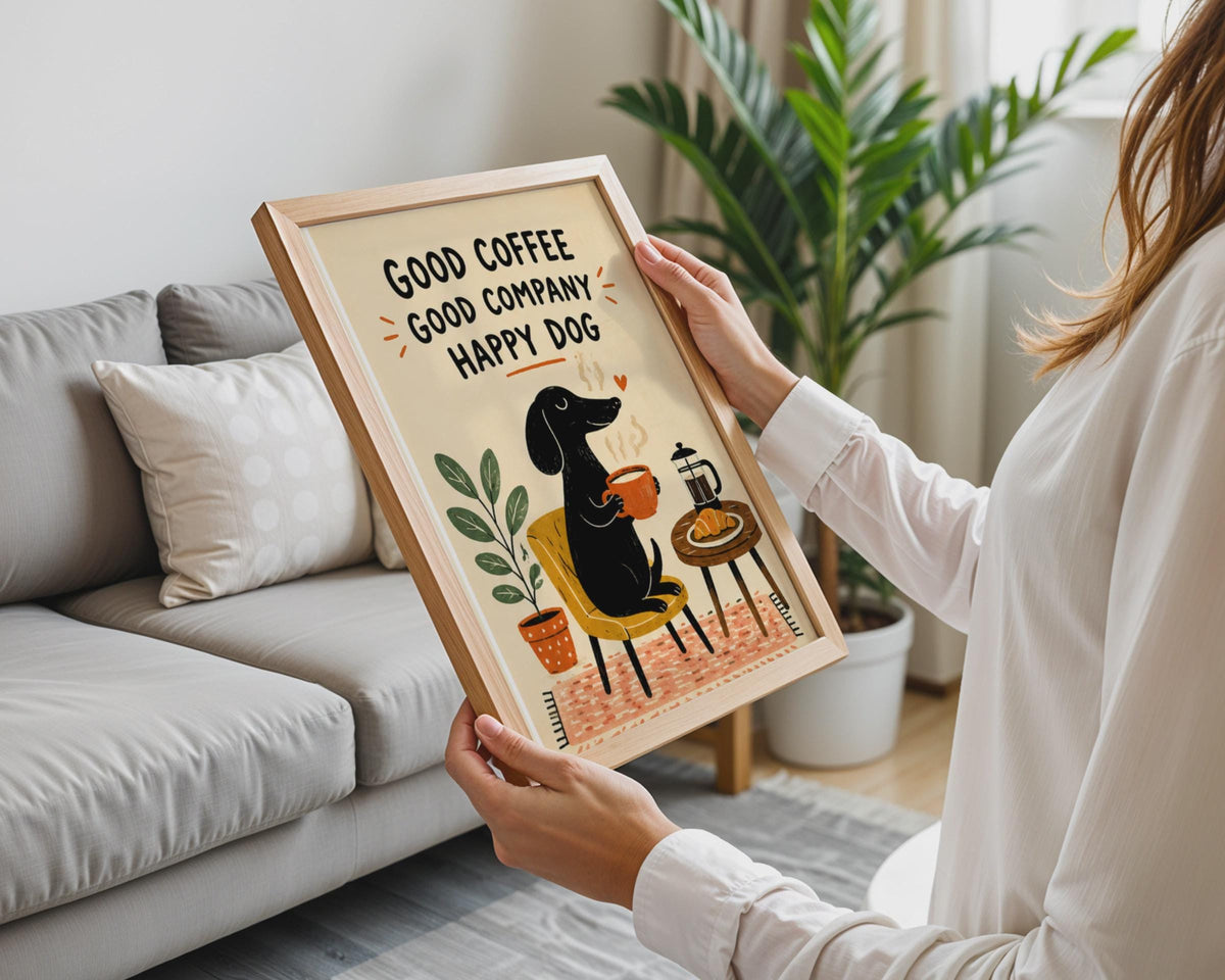 Happy Dachshund Coffee Print, Sausage Dog Wall Art, Kitchen Cafe Decor Print