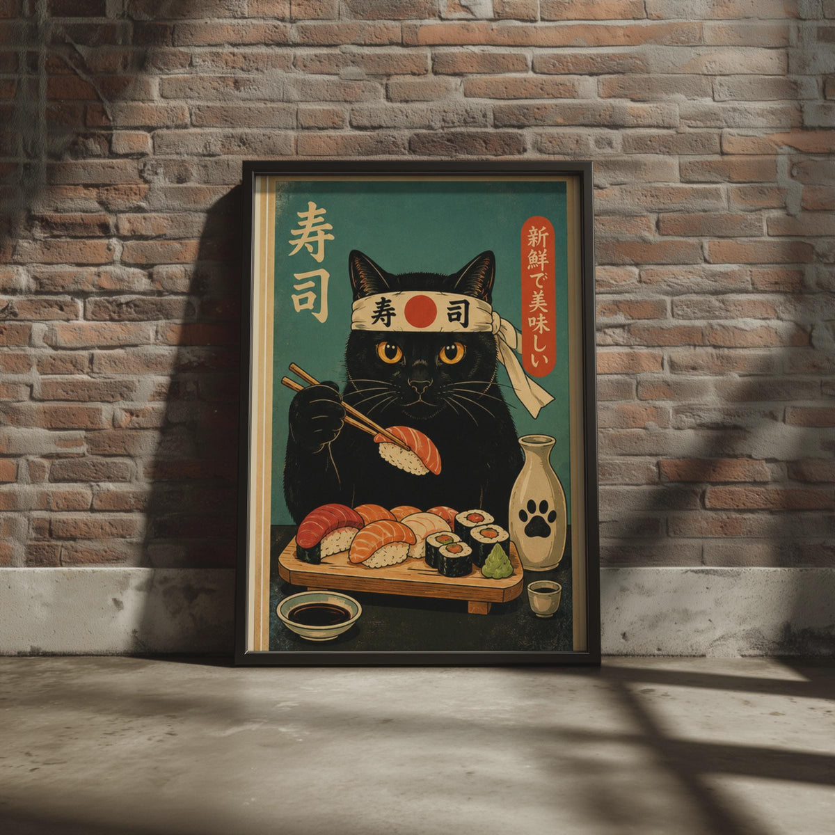 Retro Black Cat Sushi Chef Poster, Japanese Food Art Print, Teal Kitchen Decor