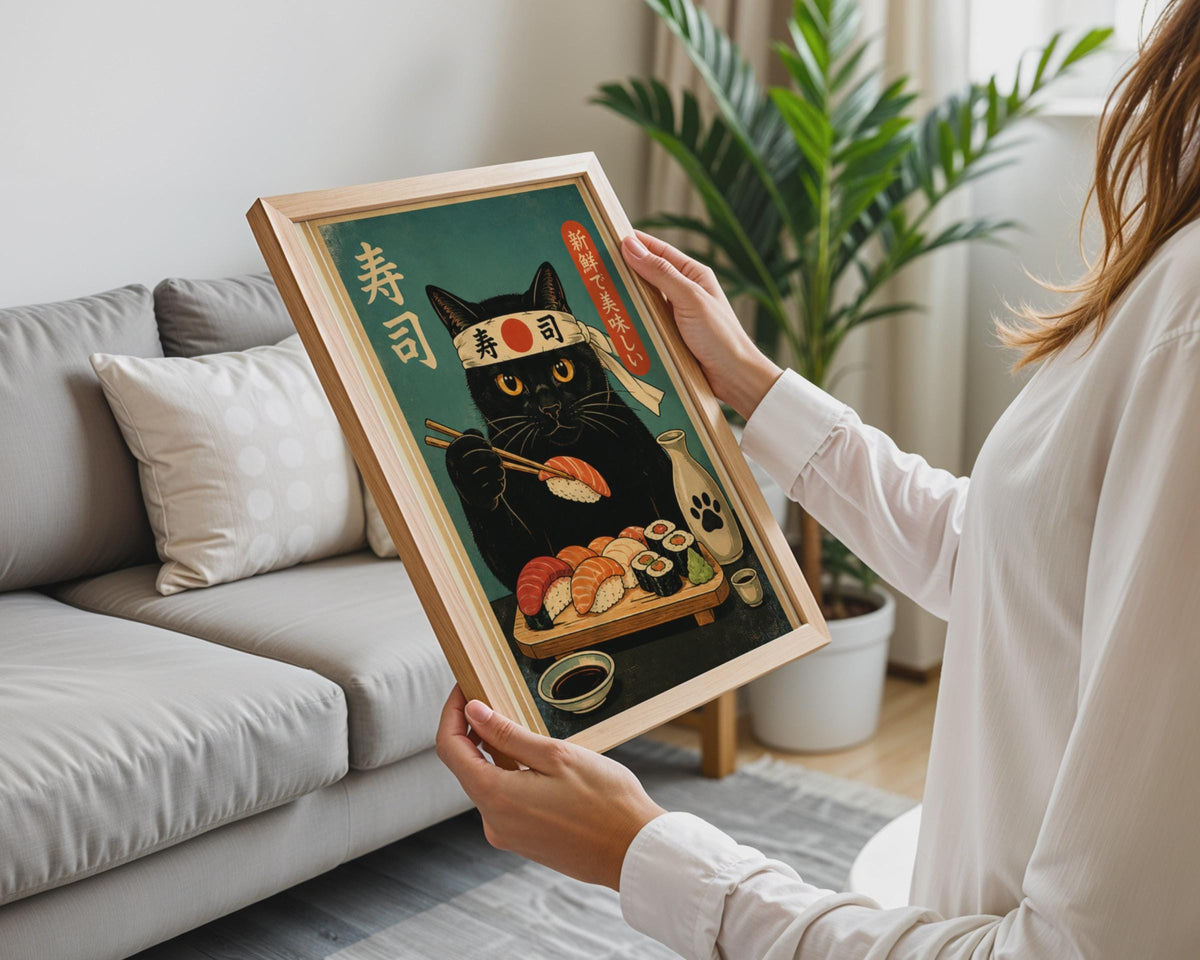 Retro Black Cat Sushi Chef Poster, Japanese Food Art Print, Teal Kitchen Decor