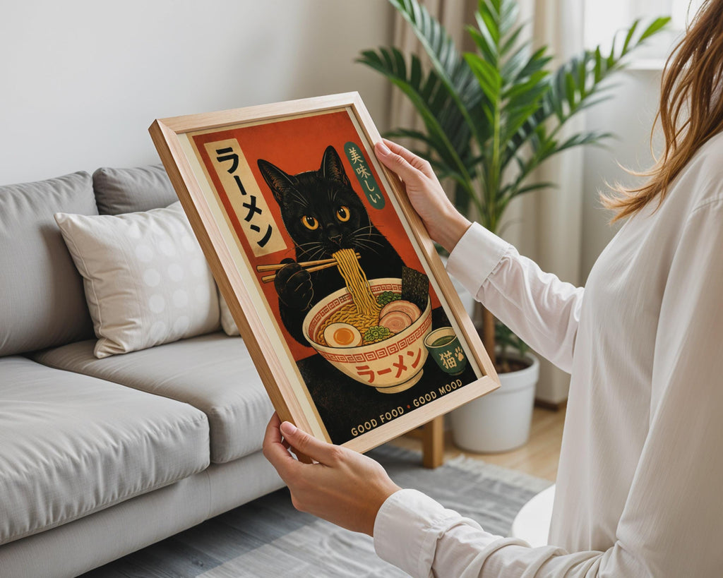 Retro Black Cat Ramen Poster, Japanese Kitchen Wall Art Print