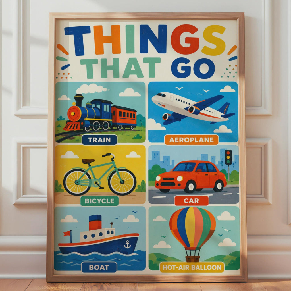Things That Go Transport Poster, Train Aeroplane Car Boat Bicycle (Printed)