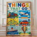 Things That Go Transport Poster, Train Aeroplane Car Boat Bicycle (Printed)