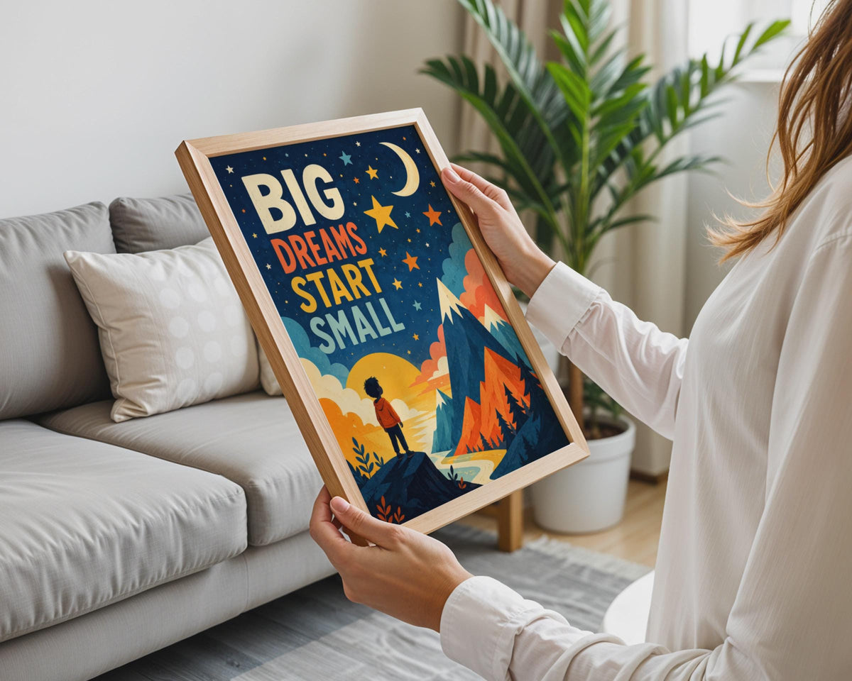 Big Dreams Start Small Kids Poster, Mountain Stars, Retro Illustration (Print)