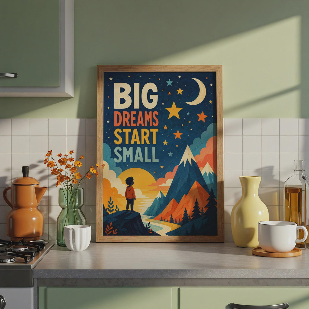 Big Dreams Start Small Kids Poster, Mountain Stars, Retro Illustration (Print)