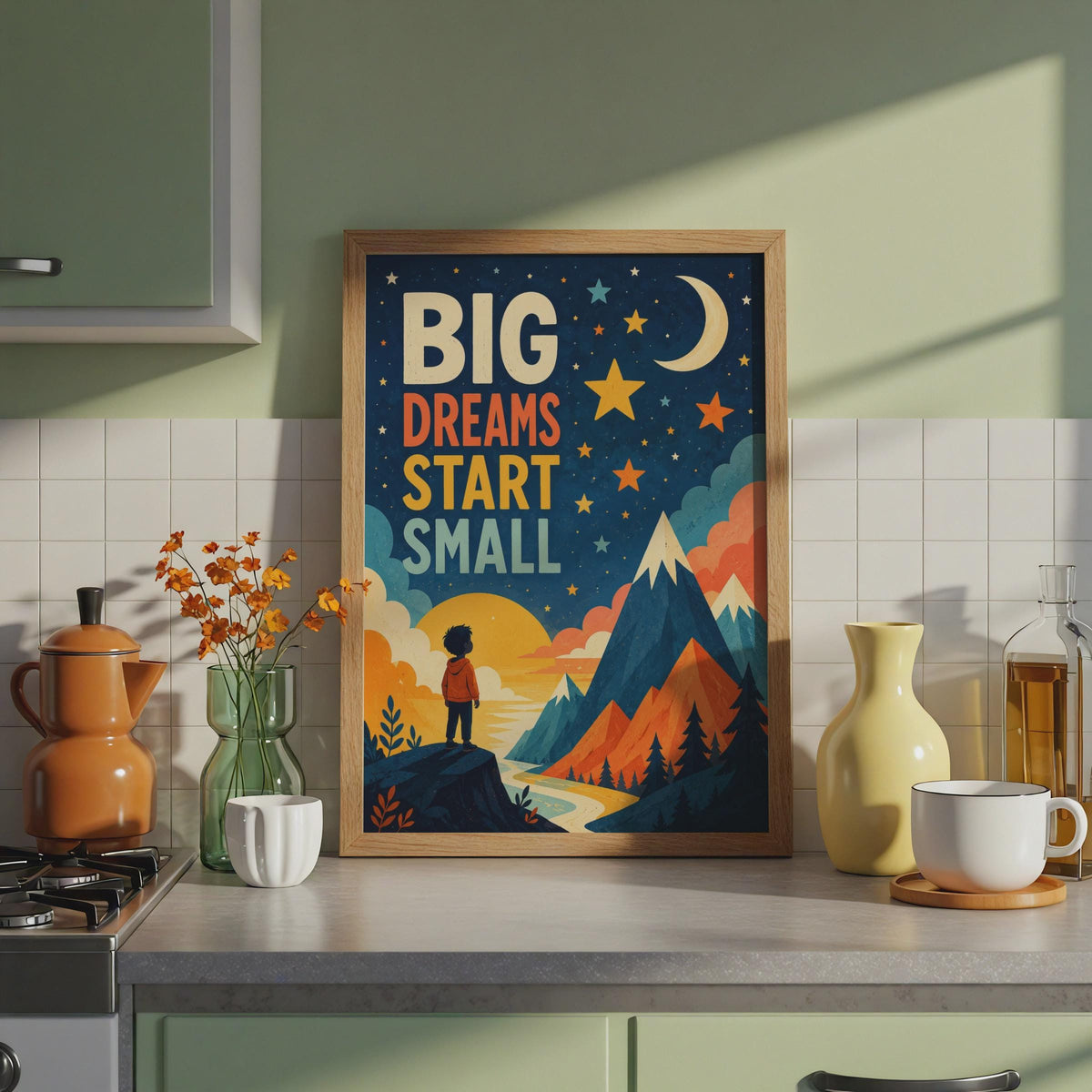 Big Dreams Start Small Kids Poster, Mountain Stars, Retro Illustration (Print)