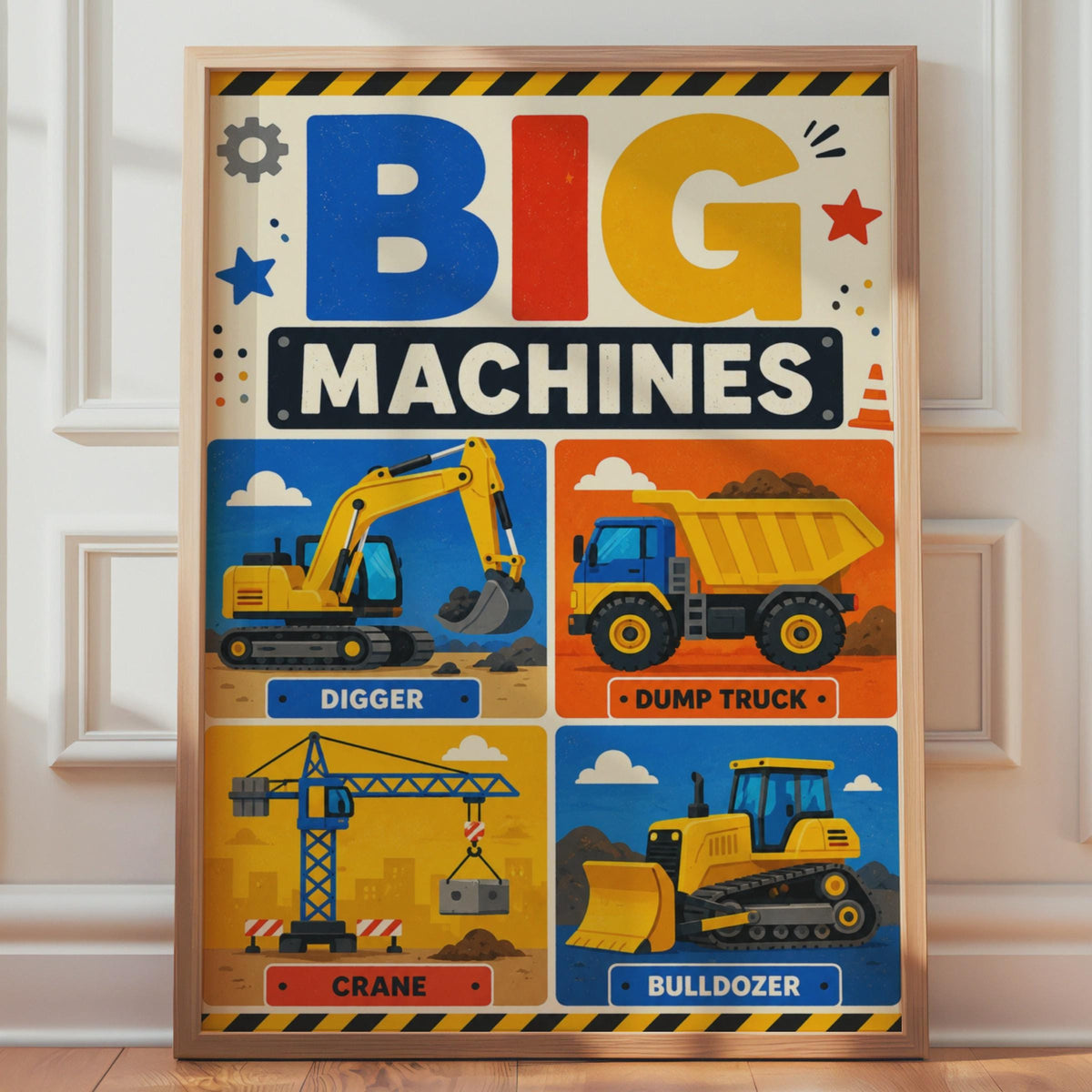 Big Machines Construction Poster, Digger, Crane, Bulldozer, Dump Truck (Print)