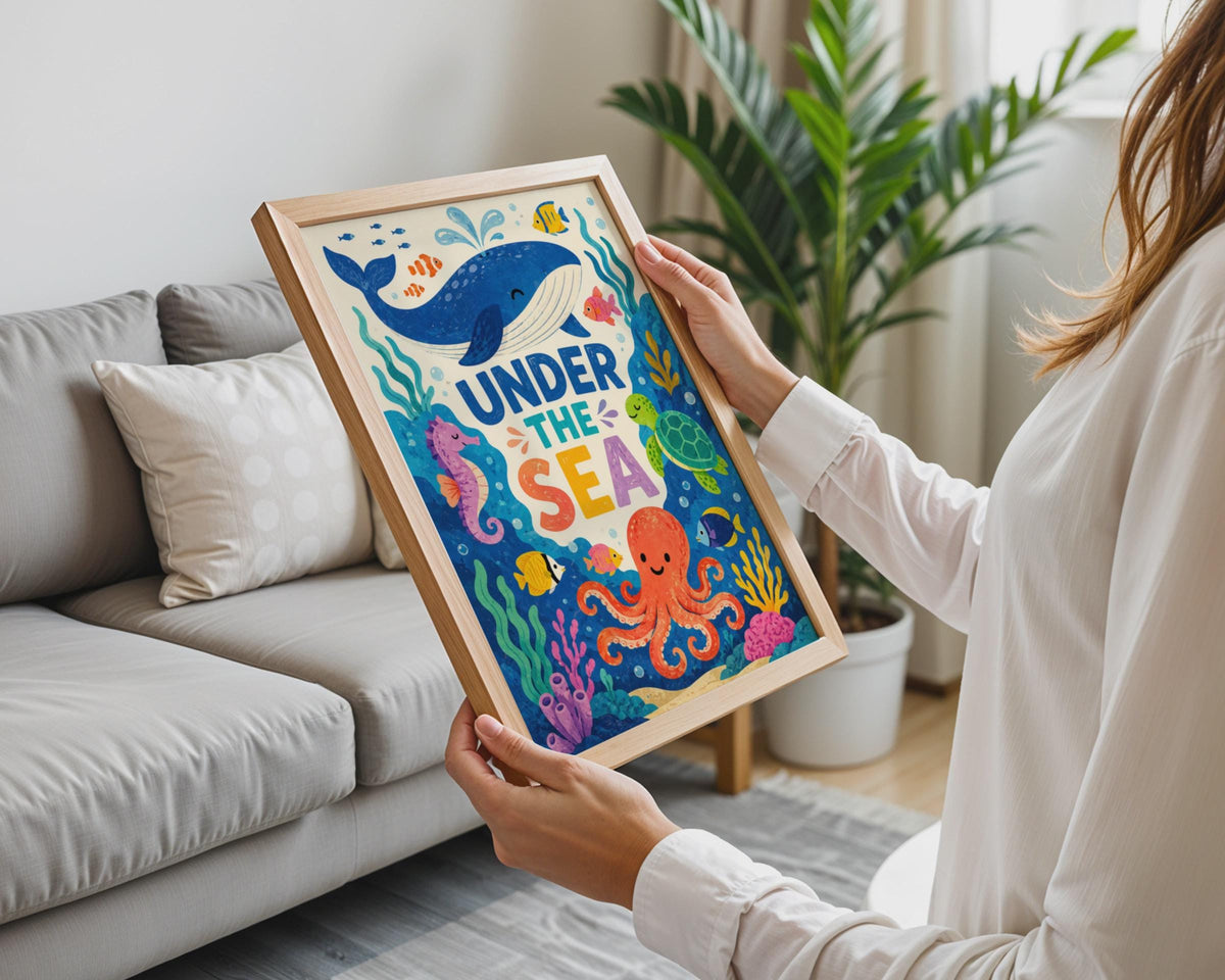 Under The Sea Kids Wall Art, Colorful Ocean Poster, Whale Octopus Print