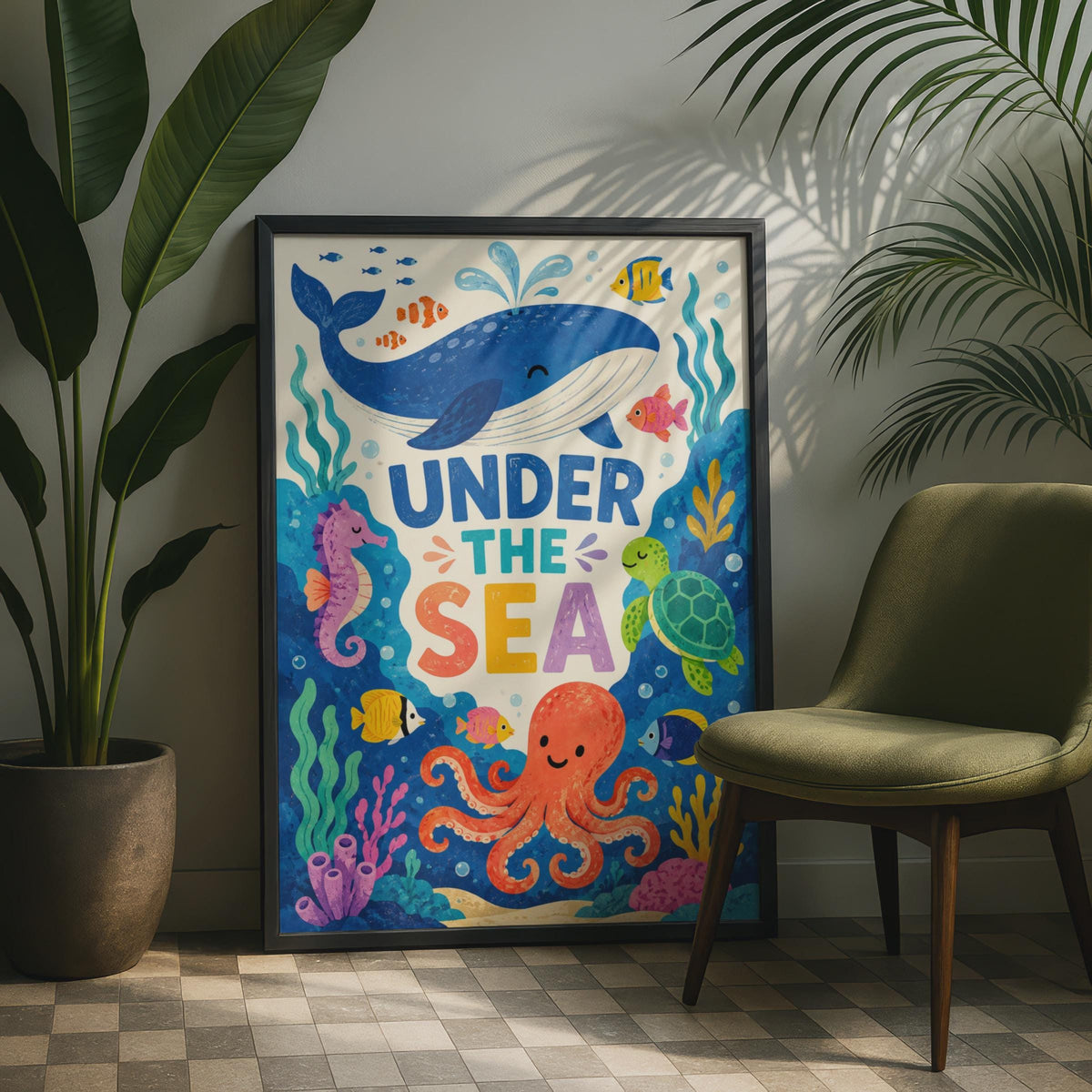 Under The Sea Kids Wall Art, Colorful Ocean Poster, Whale Octopus Print