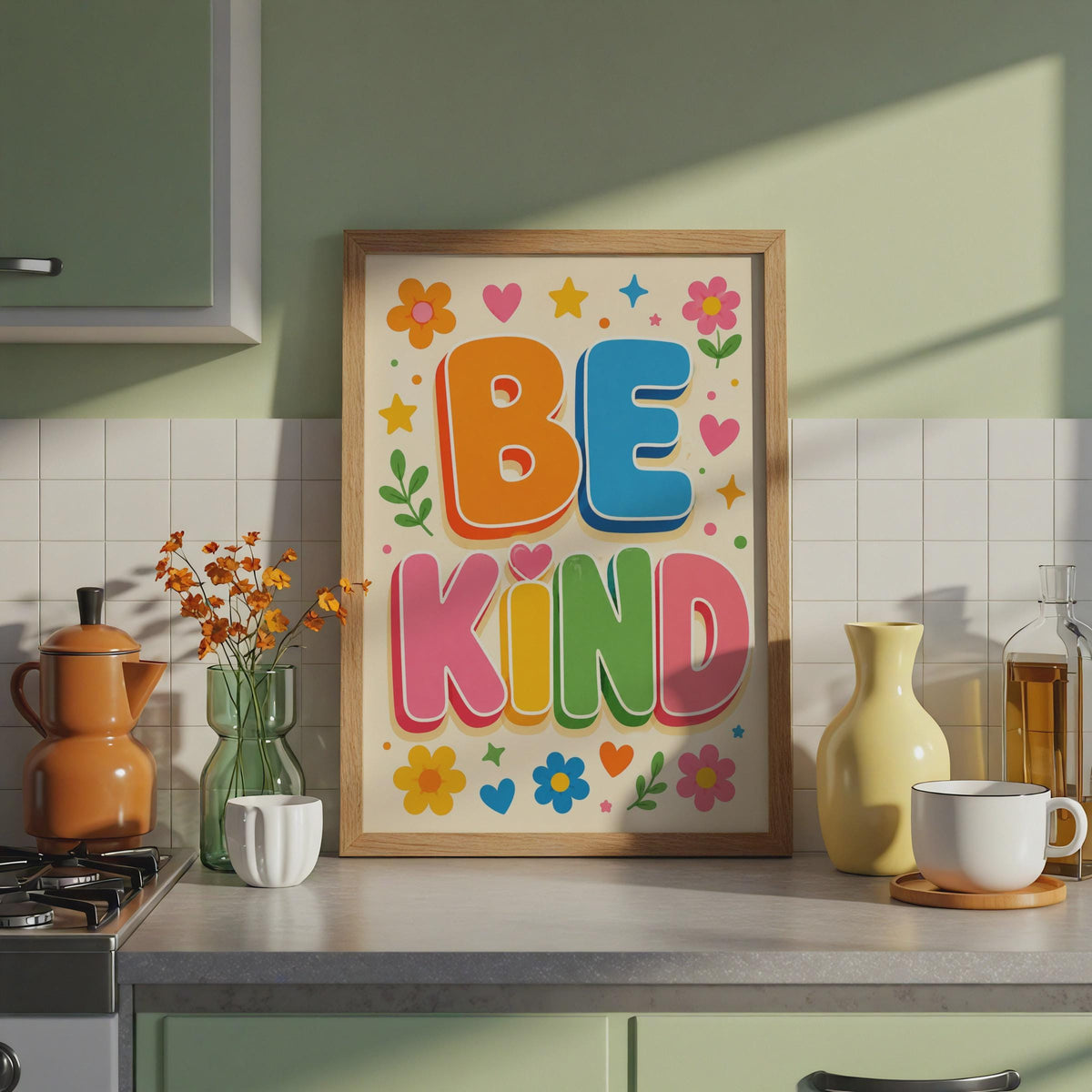 Be Kind Poster, Retro Floral Typography, Kids Bedroom Wall Art (Printed to Order)