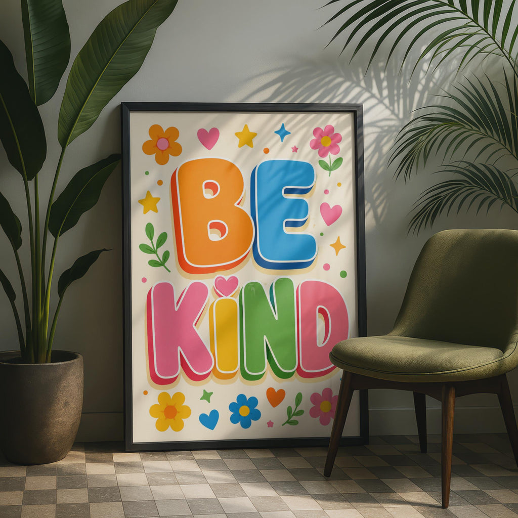 Be Kind Poster, Retro Floral Typography, Kids Bedroom Wall Art (Printed to Order)