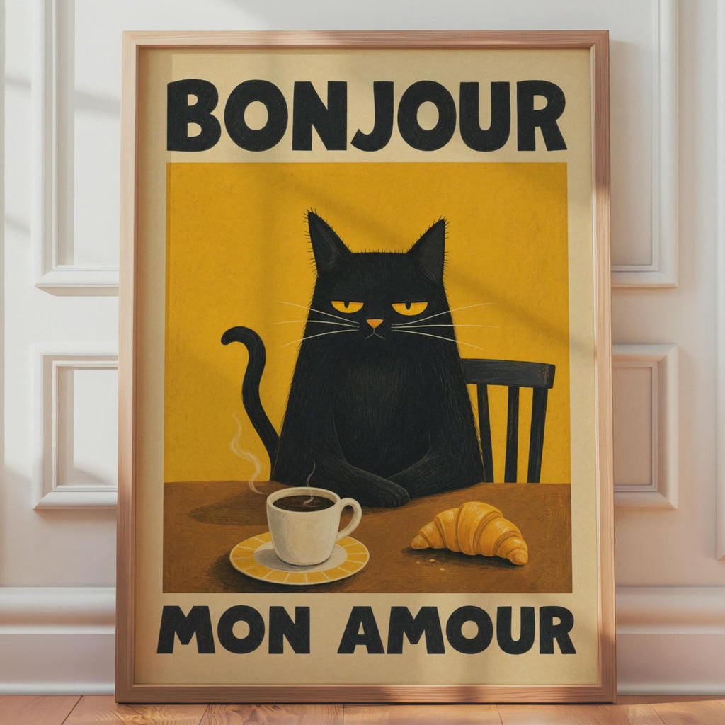 Grumpy Black Cat Coffee Poster, French Vintage Cafe Art Print, Morning Croissant Illustration print