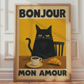 Grumpy Black Cat Coffee Poster, French Vintage Cafe Art Print, Morning Croissant Illustration print