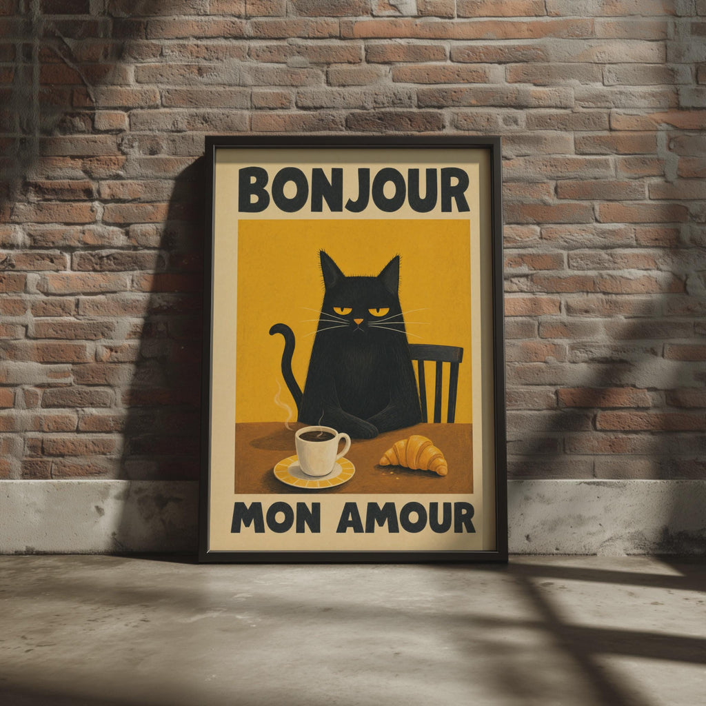 Grumpy Black Cat Coffee Poster, French Vintage Cafe Art Print, Morning Croissant Illustration print