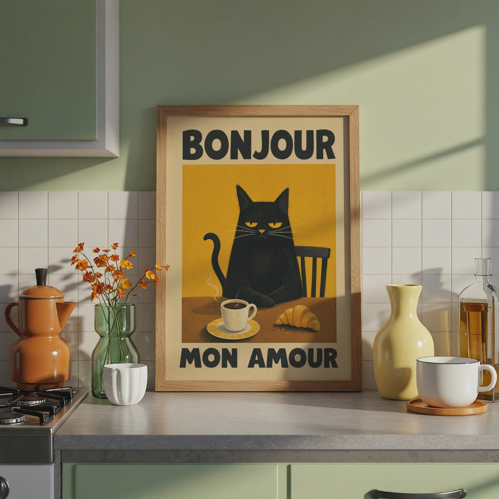 Grumpy Black Cat Coffee Poster, French Vintage Cafe Art Print, Morning Croissant Illustration print