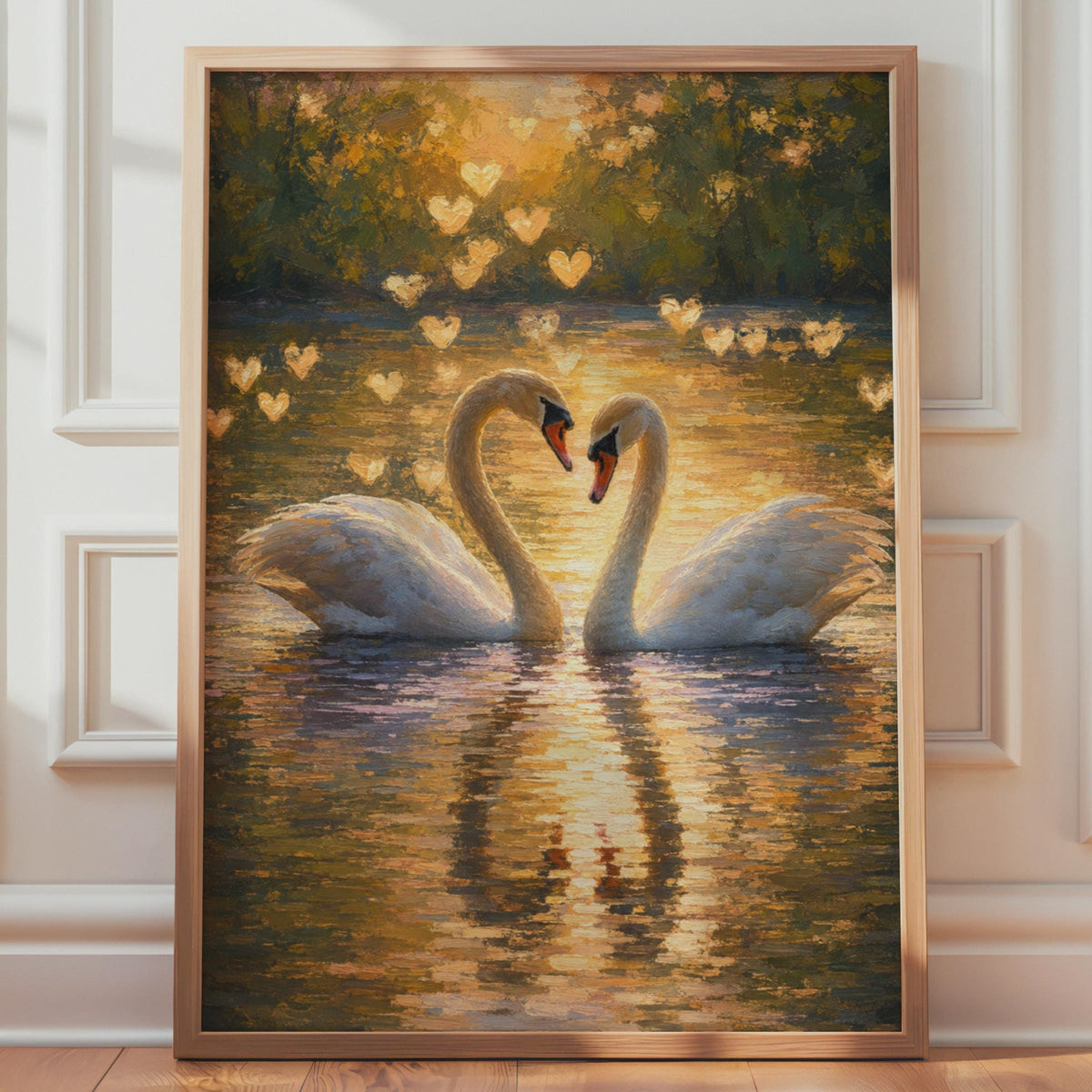 Romantic Swan Art Print, Golden Lake Heart Poster, Oil Painting Style Wall Art