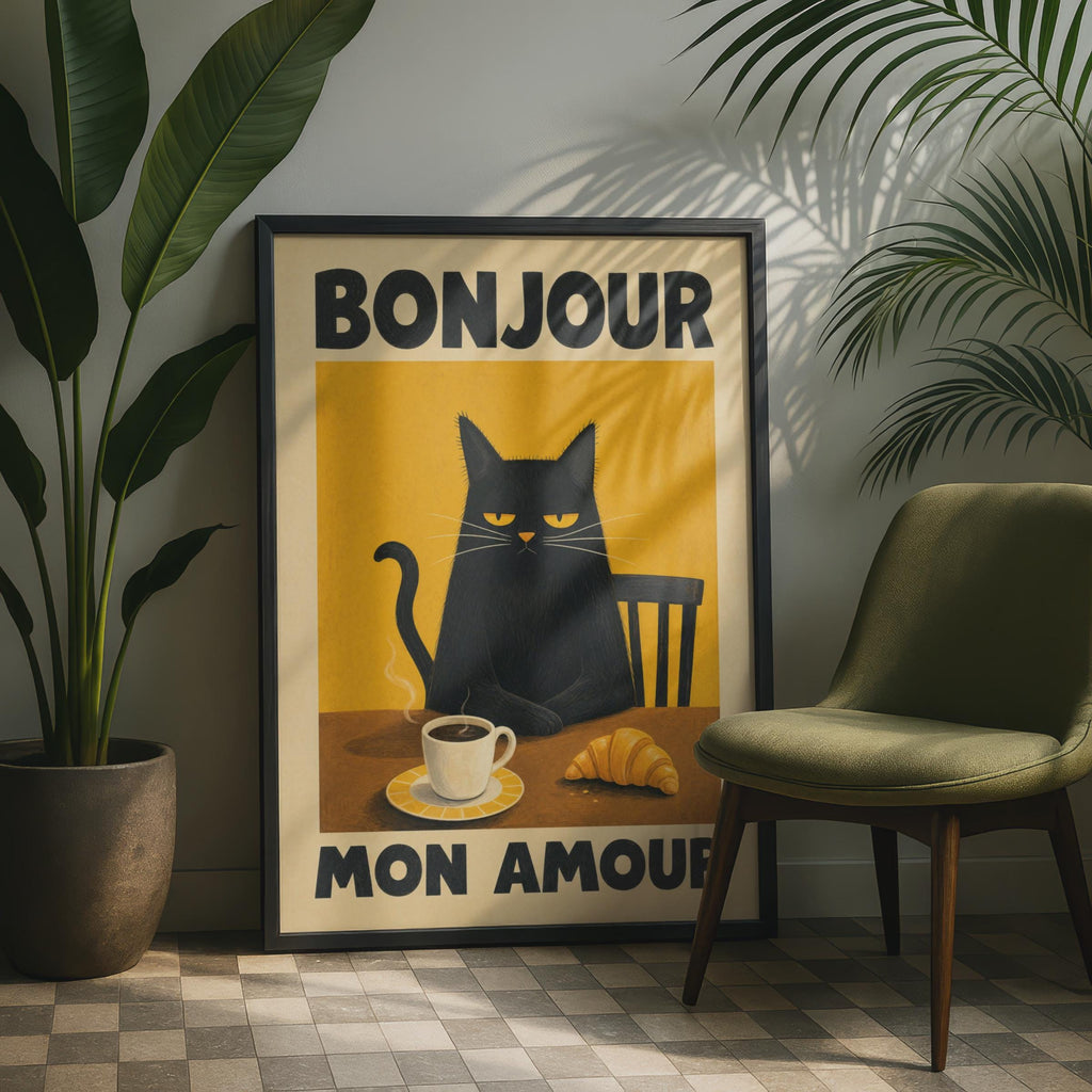 Grumpy Black Cat Coffee Poster, French Vintage Cafe Art Print, Morning Croissant Illustration print