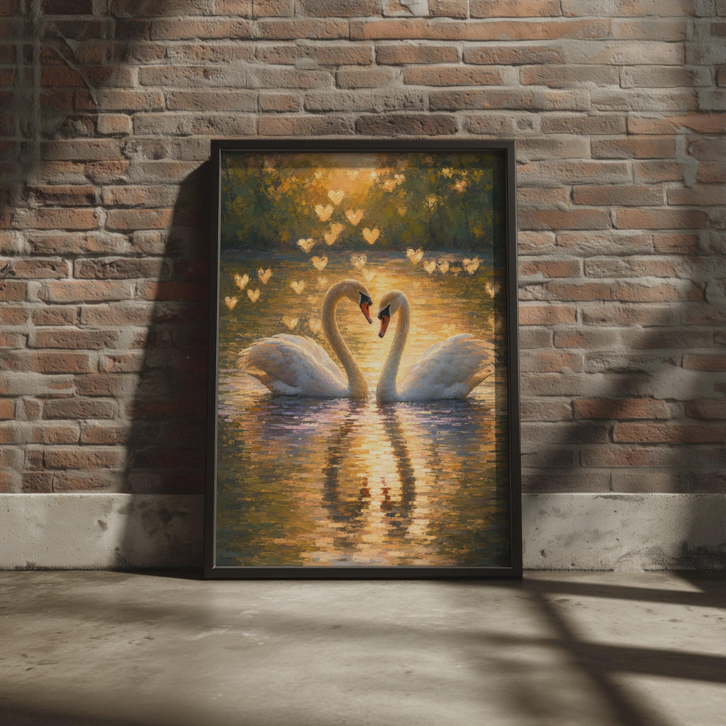 Romantic Swan Art Print, Golden Lake Heart Poster, Oil Painting Style Wall Art
