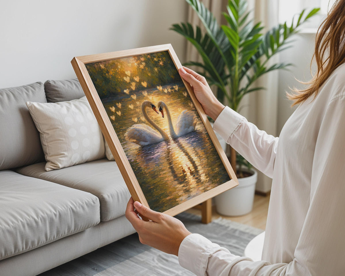 Romantic Swan Art Print, Golden Lake Heart Poster, Oil Painting Style Wall Art