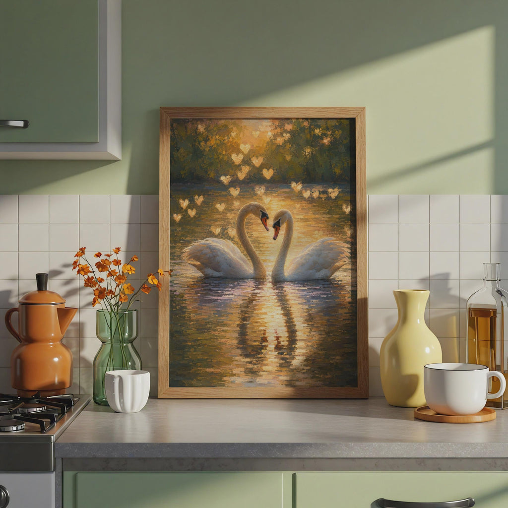 Romantic Swan Art Print, Golden Lake Heart Poster, Oil Painting Style Wall Art