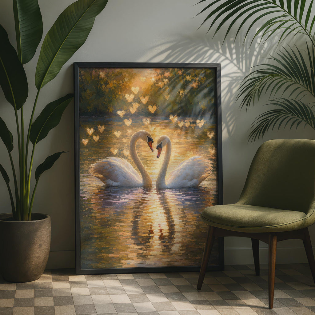 Romantic Swan Art Print, Golden Lake Heart Poster, Oil Painting Style Wall Art