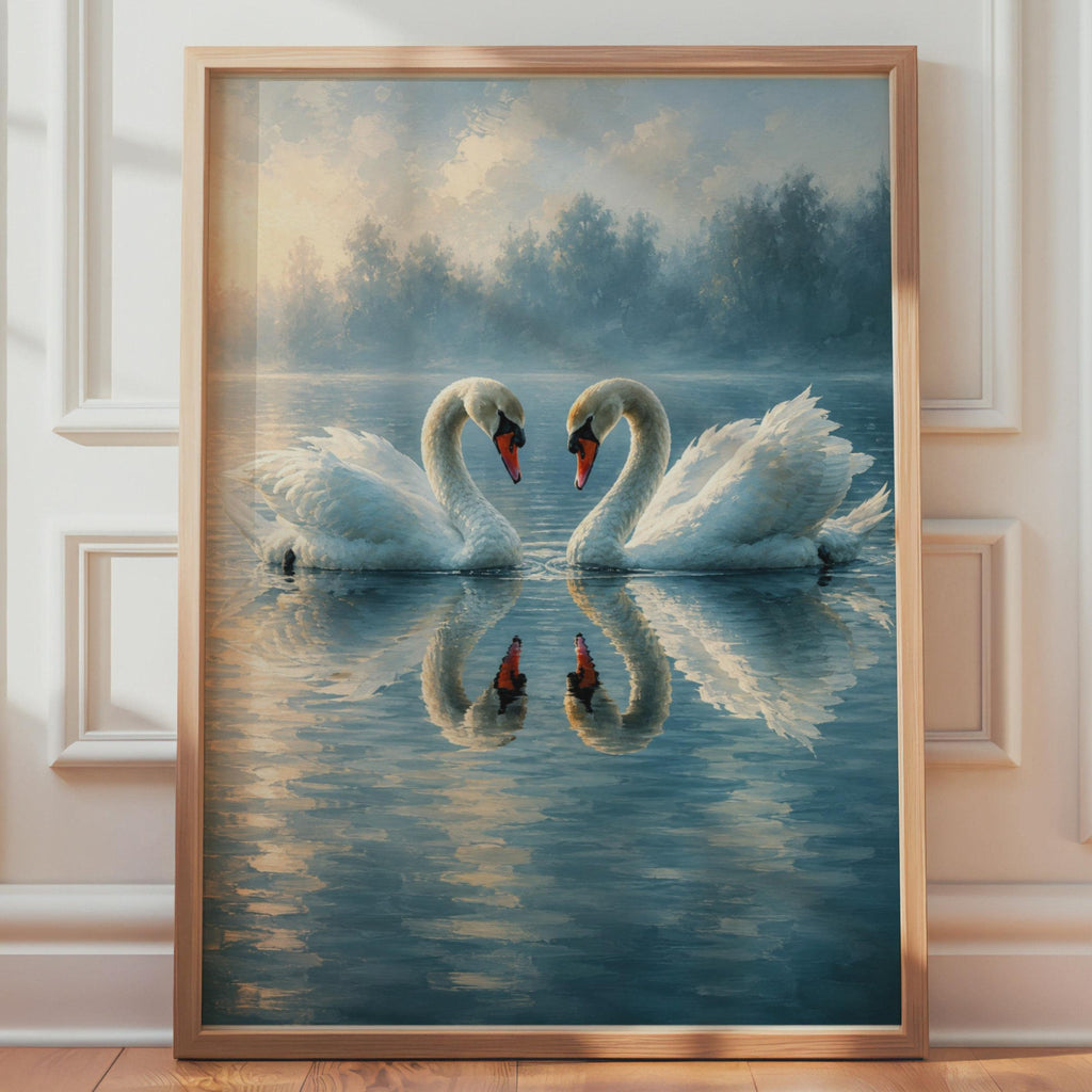 Two Swans Art Print, Hand Painted Style Lake Wall Art, Romantic Misty Nature Poster