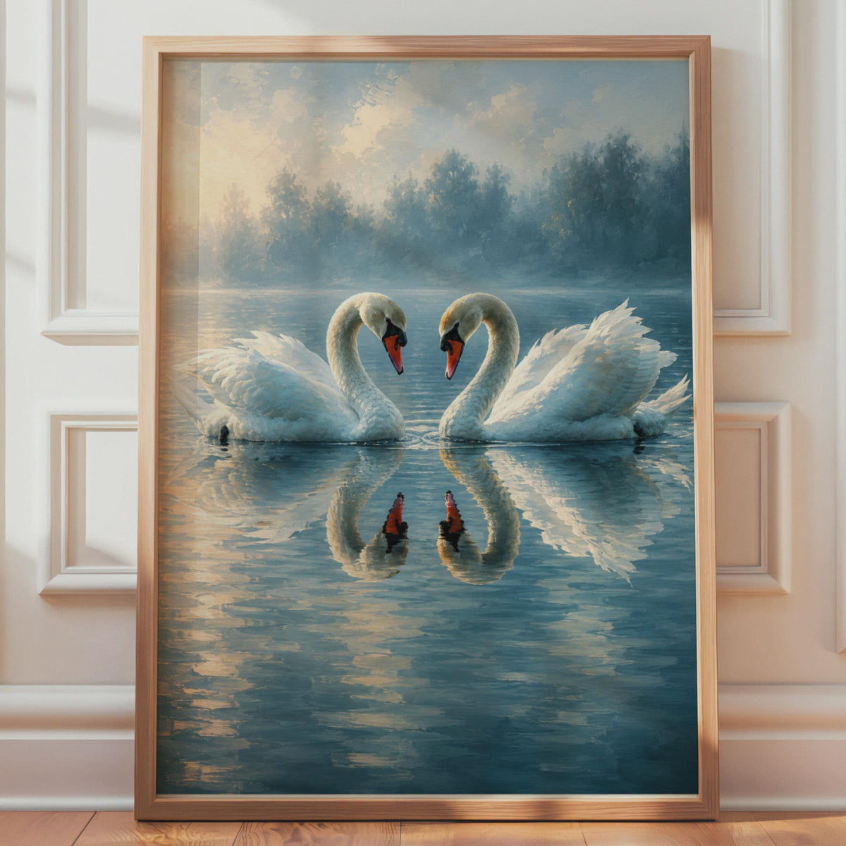 Two Swans Art Print, Hand Painted Style Lake Wall Art, Romantic Misty Nature Poster