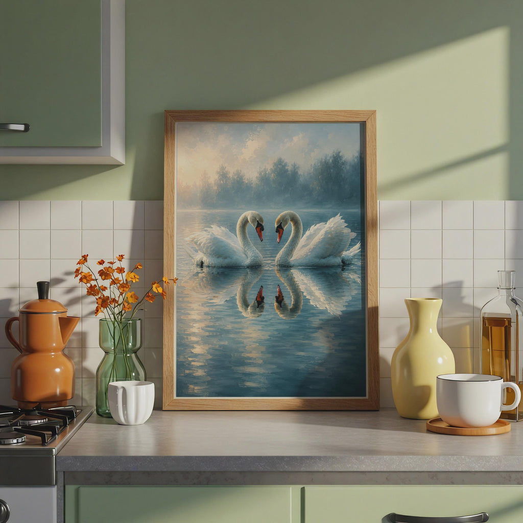 Two Swans Art Print, Hand Painted Style Lake Wall Art, Romantic Misty Nature Poster