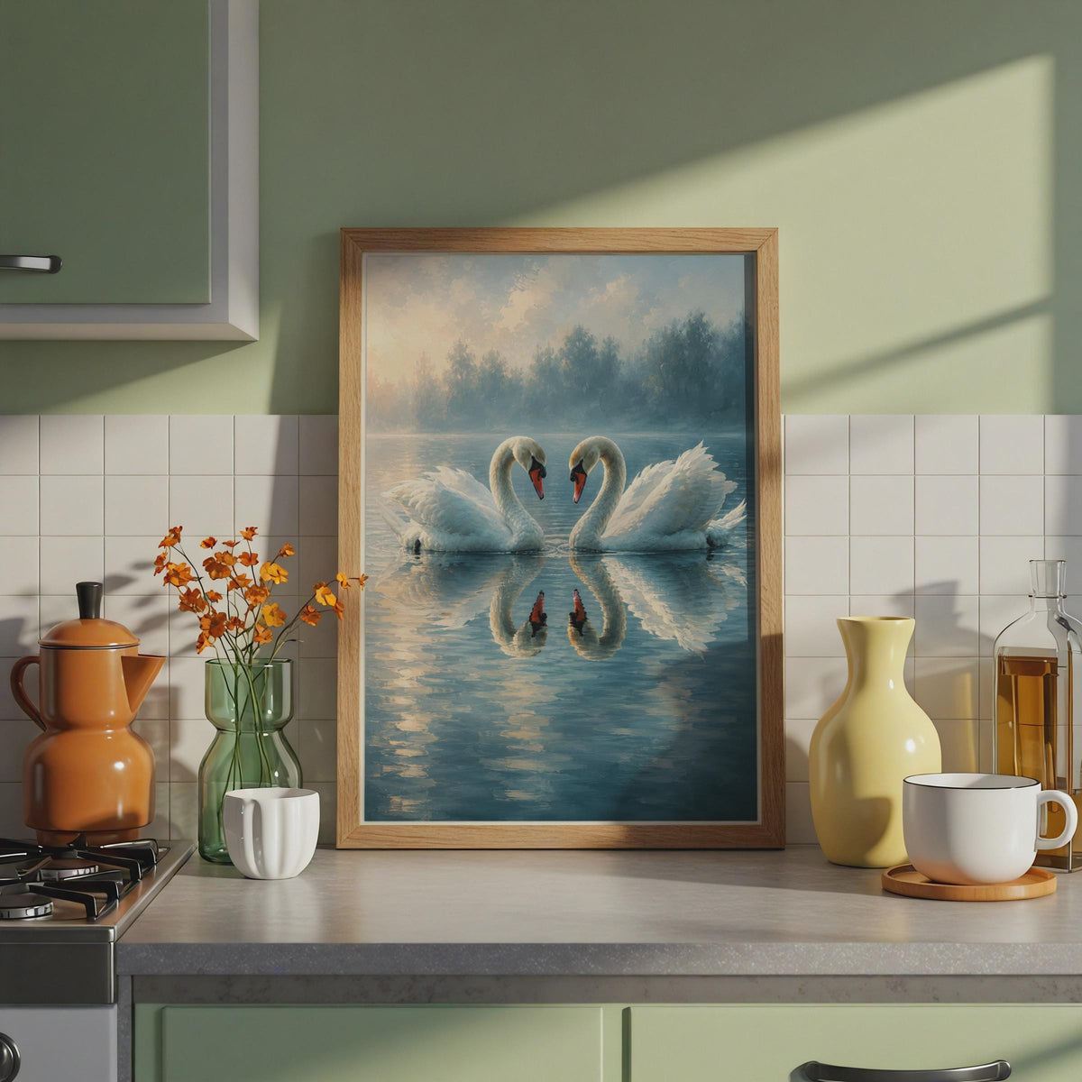 Two Swans Art Print, Hand Painted Style Lake Wall Art, Romantic Misty Nature Poster