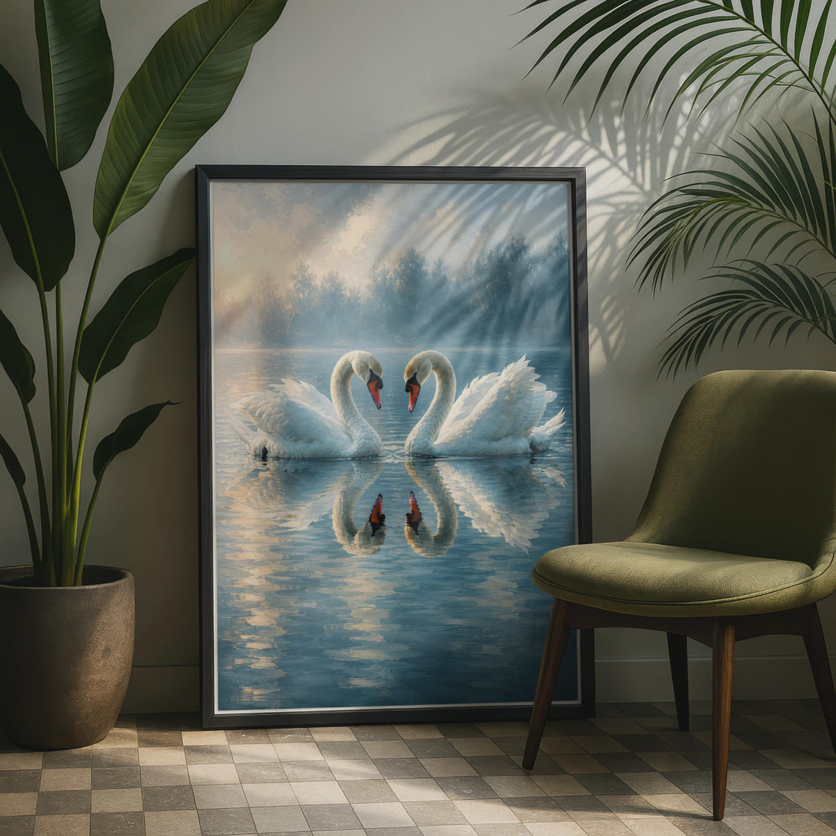 Two Swans Art Print, Hand Painted Style Lake Wall Art, Romantic Misty Nature Poster