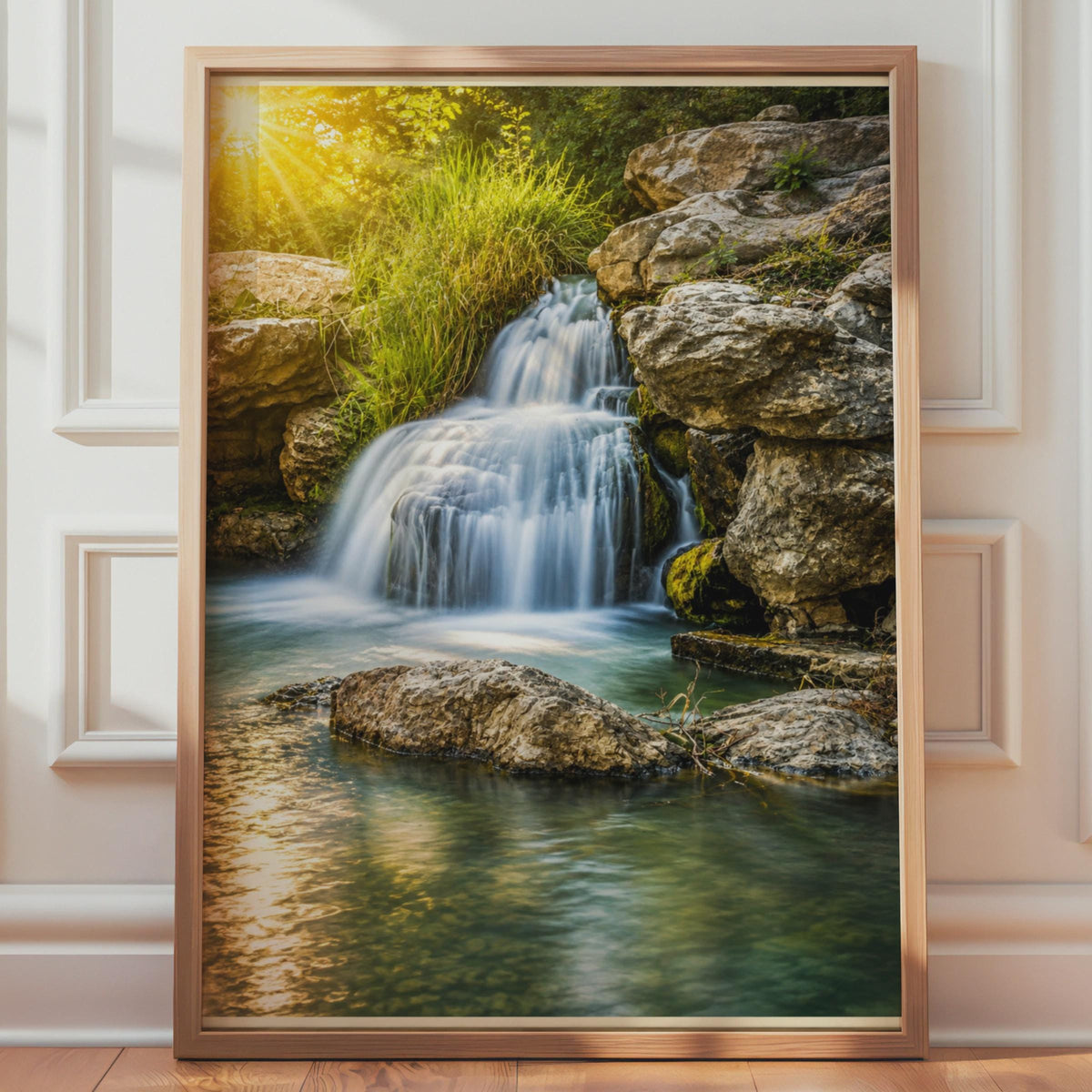 Sunlit Waterfall Print, Turquoise Pool, Golden Forest Landscape Poster