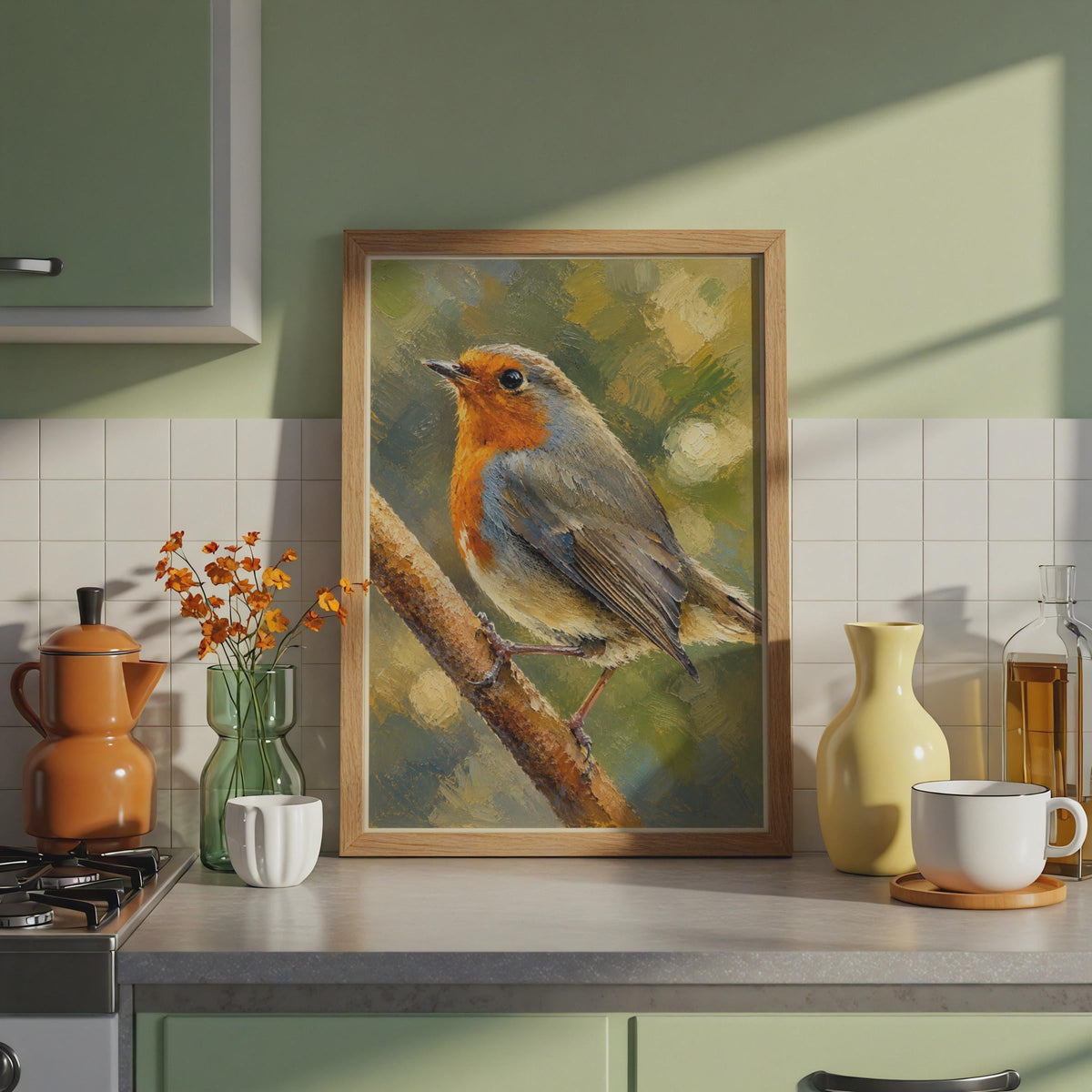 Robin Redbreast Wall Art Print, Hand Painted Bird Poster, British Garden Wildlife Decor Print