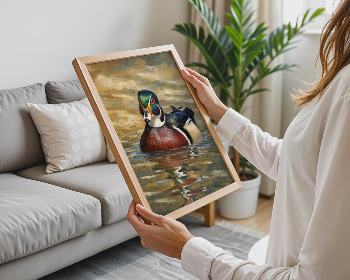 Hand-Painted Wood Duck Oil Style Poster, Wildlife Wall Art Print