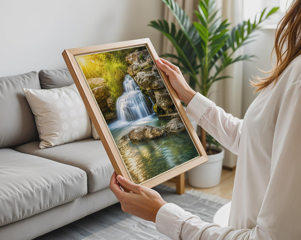 Sunlit Waterfall Print, Turquoise Pool, Golden Forest Landscape Poster