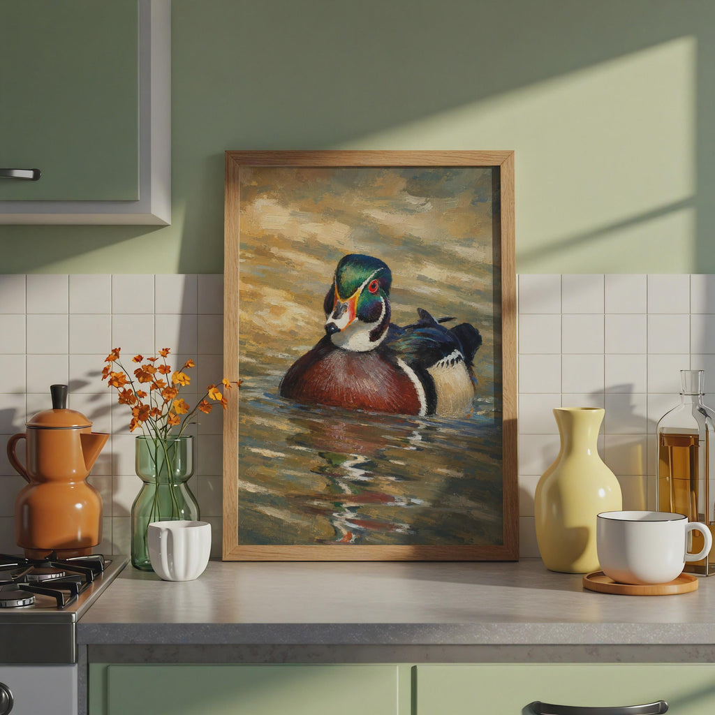 Hand-Painted Wood Duck Oil Style Poster, Wildlife Wall Art Print