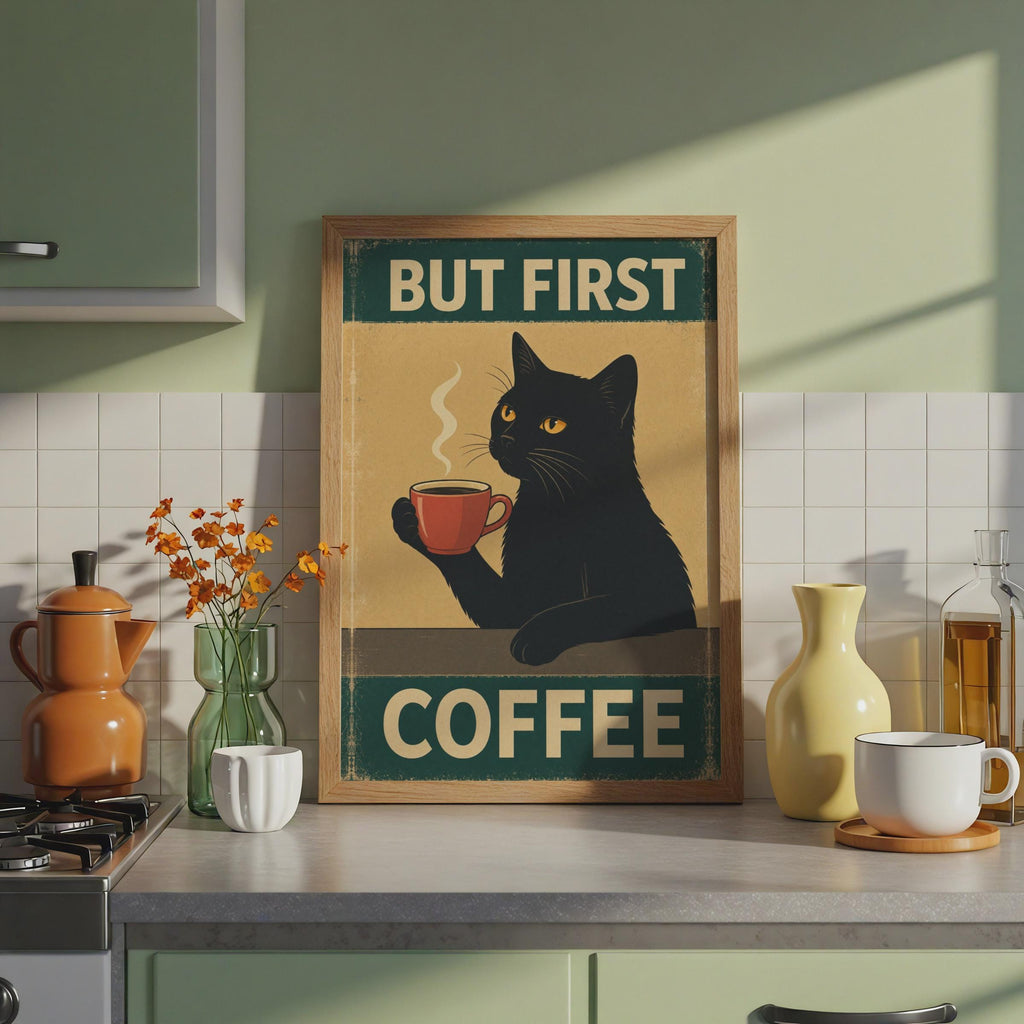 But First Coffee Black Cat Poster, Retro Kitchen Wall Art Print