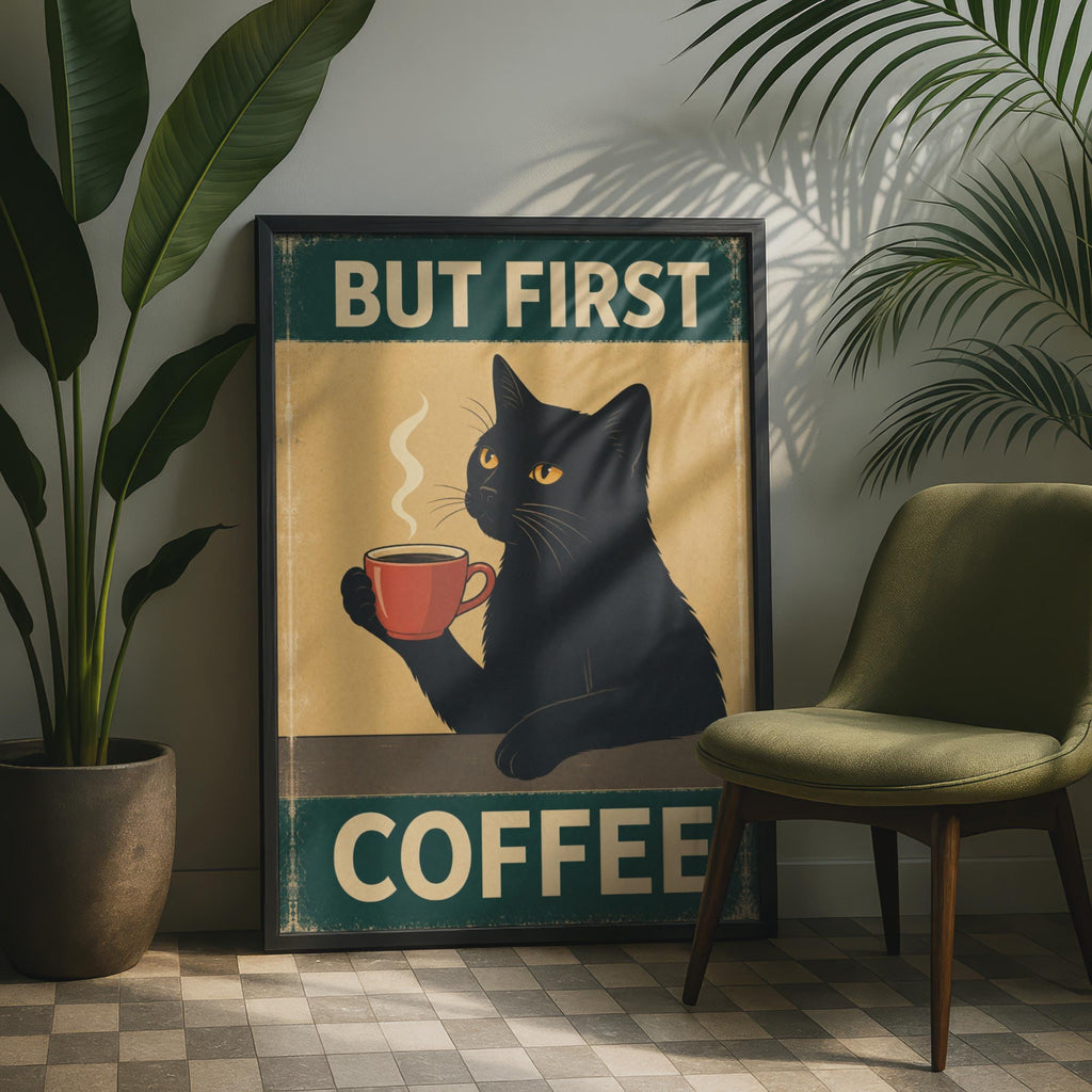 But First Coffee Black Cat Poster, Retro Kitchen Wall Art Print