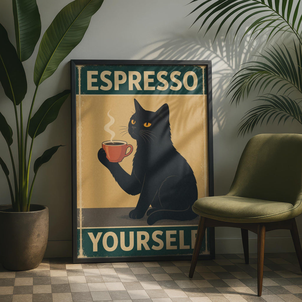 Black Cat Espresso Yourself Retro Poster, Funny Coffee Wall Art Print