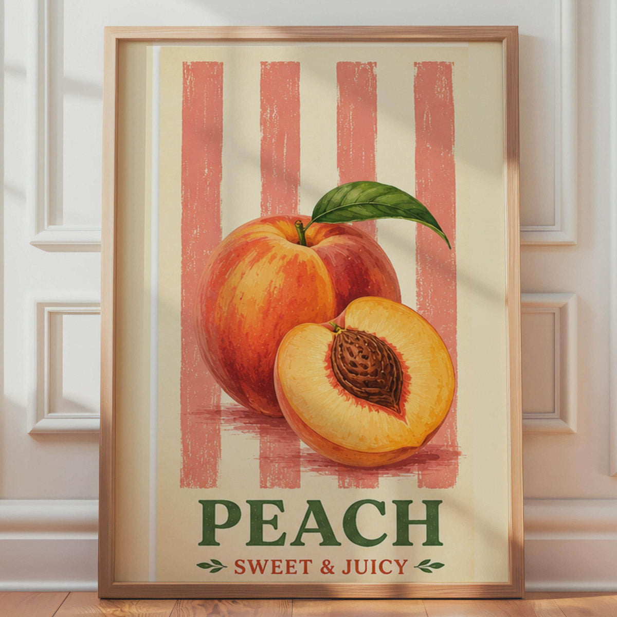 Retro Peach Sweet Juicy Fruit Poster, Vintage Kitchen Wall Art Print