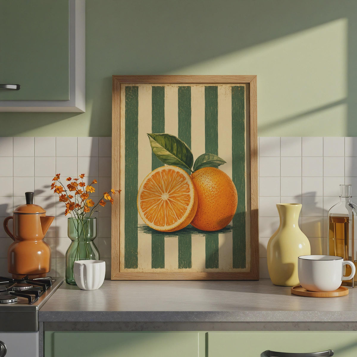 Retro Orange Citrus Print, Green Stripe Botanical Kitchen Wall Art