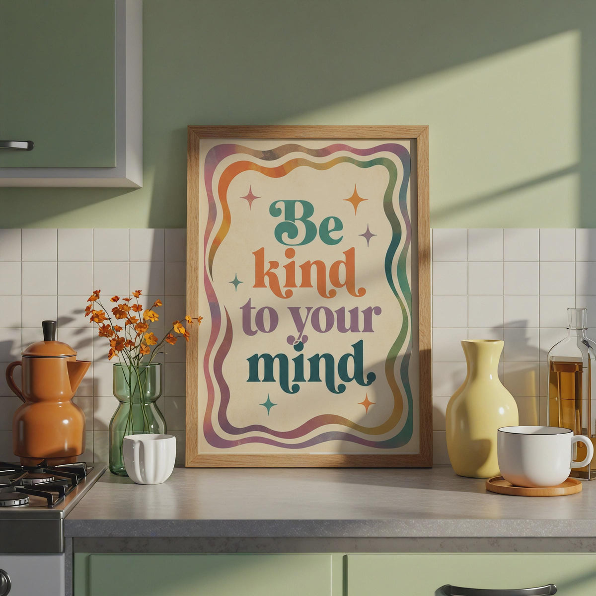 Be Kind To Your Mind Retro Groovy Print, Colorful Inspirational Quote Poster