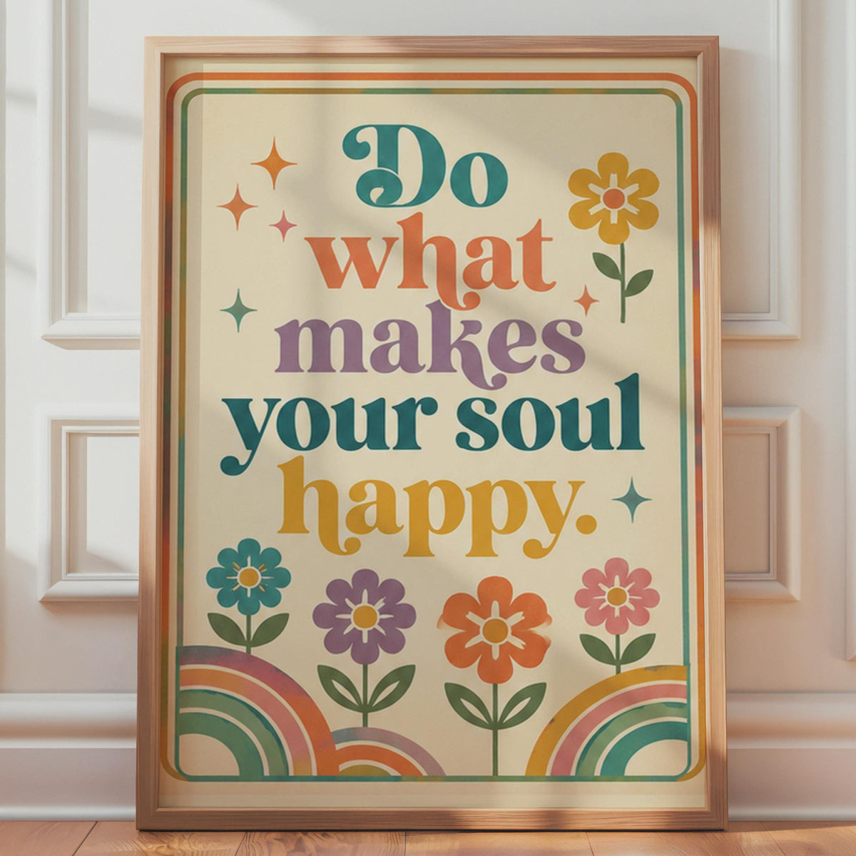 Retro Floral Quote Poster, 70s Groovy Rainbow Print, Boho Motivational Wall Art